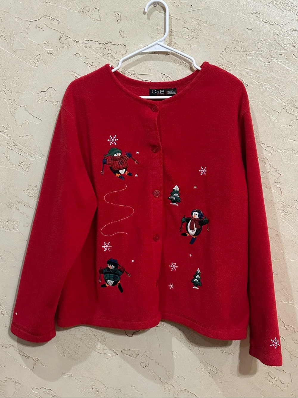 C&B Sport Women’s Red Fleece Button-Up Jacket with Penguins Snowflakes Size XL